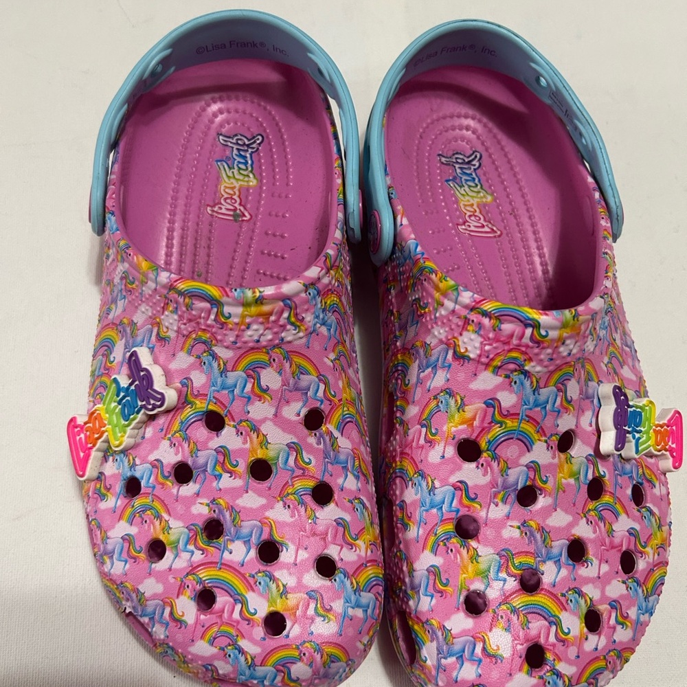 CROCS Lisa Frank Pink Unicorn & Rainbow Clogs with Light Blue Heel Strap